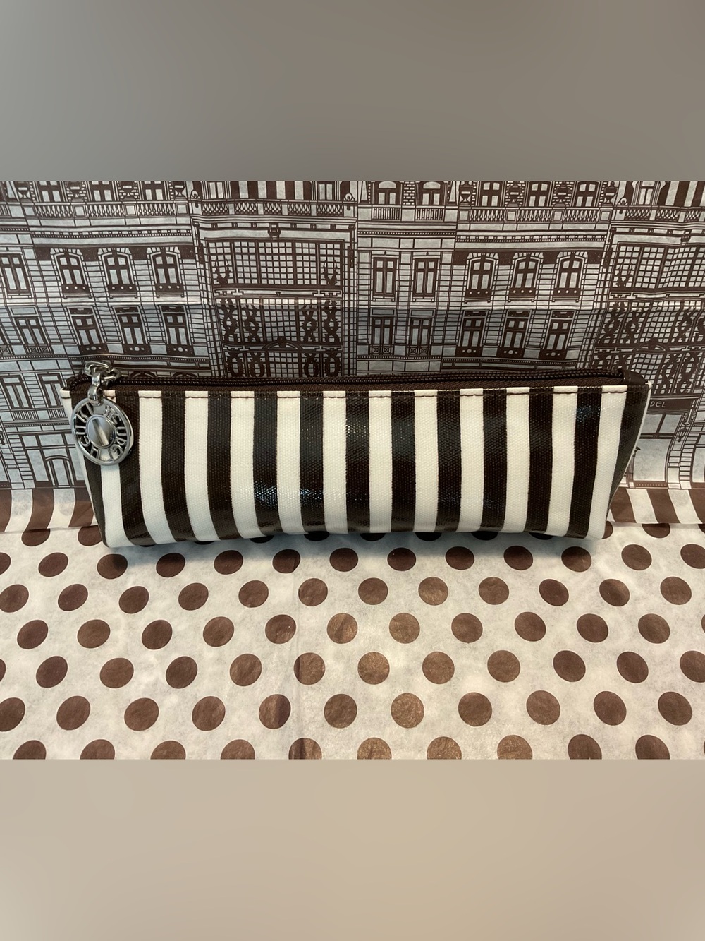 RARE Henri Bendel Centennial Stripe Slim Cosmetic Case - Silver Hardware